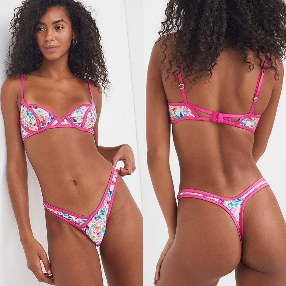 Full SET For Love & Lemons VS Floral Watercolor Brazilian Thong Bra Bikini Set